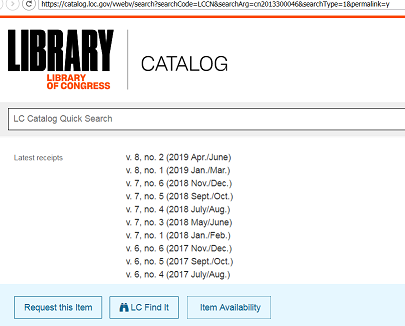 Recent "Intellectual Archive" issues in the catalogue of the Library of Congress, USA